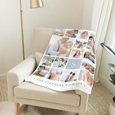 a blanket that has photos on it with the words grand gifts in blue and white