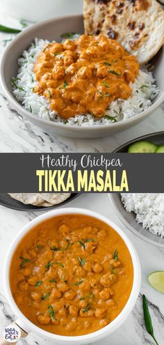 healthy chickpea tikka masala served in a bowl with rice and garnishes