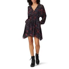 Pink & black printed crepe (100% Polyester). Hourglass. Long sleeves. Long sleeves. 36" from shoulder to hemline. Imported. Allsaints Dresses, Rent Dresses, Batwing Top, Rent The Runway, Closet Designs, All Saints, Black Print, Pink Black, Fit And Flare