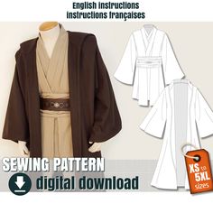 "PDF sewing pattern: JEDI COSTUME. This bundle contains 5 patterns:   - The classic Jedi tunic, kimono style.    - The undertunic (created as a dicky).   - The sash (with tabard attached).   - The Jedi outer robe with hood and wide sleeves.   - The Jedi belt. And 4 bonus 3D files:   - Obi-Wan Kenobi's belt buckle   - Qui-Gon Jinn's belt buckle   - Anakin's belt buckle   - A simpler Jedi belt buckle This unisex pattern is a perfect base for different Jedi costumes.  The fabrics used in the photos are (not included in your purchase) :   - cotton gauze for the tunic   - wool melton for the outer robe   - leather for the belt * other options are offered in the instructions, as well as the yardage (variable depending on the sizes) Model Details:    - Kimono-style tunic, mid-thigh length.    - S Jedi Robe Pattern, Obi Wan Kenobi Costume, Jedi Belt, Jedi Tunic, Jedi Outfit, Jedi Robe, Jedi Costume, Pattern Outer, Qui Gon