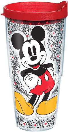 the mickey mouse tumbler cup has a red lid and is decorated with an image of minnie