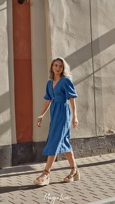 Midi Linen Dress, Wearing Style, Rich Color Palette, Linen Tunic, Shell Buttons, Linen Dresses, Linen Clothes, Linen Dress, Cobalt Blue