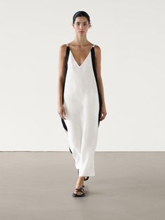 Long linen dress with contrast trims - Ecru | ZARA United States Massimo Dutti Dress, Long Linen Dress, Smart Dress, Dress Linen, Contrast Piping, Strappy Dresses, Trend Forecasting, White Maxi Dresses, Striped Linen