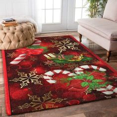 a red rug with christmas decorations and candy canes on it in a living room