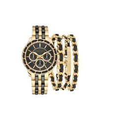 Ever wanted to know what it was like to be a Kardashian? Now is your chance! Luxury and elegance become one in this Kendall + Kylie Lds Black Dial Gold-Black Watch with Double Bracelet. With it's chic and modern adaption of a timeless staple in watch design, it features an extravegant Gold-Black bezel to surely help turn some heads and bring to life any outfit or style. The black dial and gold-black band perfectly match the shine of the crystal, truly making you feel like you are on top of the w Trendy Black Watch As A Gift, Trendy Black Watch For Everyday Use, Trendy Black Watch For A Gift, Trendy Black Watch For Gift, Trendy Black Watch For Everyday, Trendy Black Everyday Watch, Black Metal Watch As A Gift, Black Metal Analog Watch, Everyday Black Stainless Steel Watches