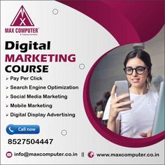 an advertisement for digital marketing course with a woman holding a tablet and looking at her phone