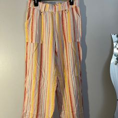 Striped Flowy Pants, Never Worn, Great Condition, Open To Offers Striped Beach Pants With Pockets, Casual Striped Wide Leg Pants For Spring, Pink Wide Leg Pants For Beach, Casual Pink Wide Leg Pants For Beach, Vacation Striped Pants With Pockets, Pink Wide Leg Pants With Pockets For Day Out, Multicolor Cotton Summer Pants, Casual Multicolor Pants For Day Out, Striped Pants For Spring Vacation