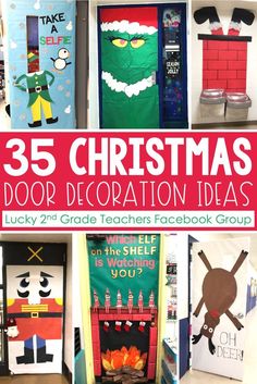 christmas door decoration ideas for the classroom with pictures and text that reads 35 christmas door decorations