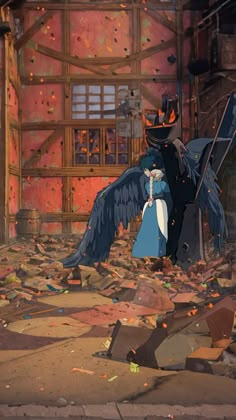 an animated scene with two people standing in front of a building and a bird flying over them