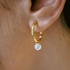 These delicate hoops combine a beautifully textured surface with elegant freshwater pearls, creating a perfect balance of classic and contemporary style. The pearls appear to float effortlessly along the curved golden surface, adding movement and sophistication to the design. Specifications: Finish: 18K gold platedCore: Titanium steelGemstone: Freshwater PearlSize: 6 cm outer diameter, 2 cm diameter pearl Modern Yellow Gold Hoop Earrings With Pearl Drop, Gold Hoop Earrings With Pearl Drop In Brass, Luxury Gold Brass Pearl Earrings, Luxury Pearl Drop Gold-tone Earrings, Elegant 14k Gold-filled Pearl White Pearl Earrings, Fresh Water, Contemporary Style, Freshwater Pearls, 18k Gold