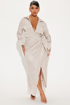 Available In Black, Blue, Sage, And Taupe. Maxi Shirt Dress Collar Long Sleeves Front Pocket Wrap Tie Waist No Stretch 50% Polyester 50% Rayon Imported | Business Classy Maxi Shirt Dress in Taupe size Small by Fashion Nova Plus Size Fashion For Women With Belly Over 50, Taupe Fashion, Womens Wrap Dress, Grey Maxi Dress, Maxi Shirts, Maxi Shirt Dress, Business Dresses, Plus Size Fashion For Women, Collar Dress