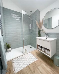 a bathroom with a shower, mirror and rug on the wood floored flooring