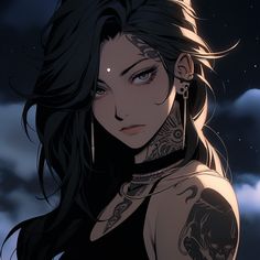 a woman with tattoos and piercings on her chest standing in front of the night sky