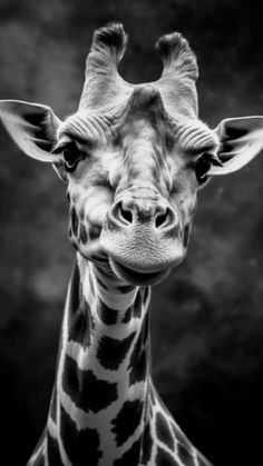 a black and white photo of a giraffe's face looking at the camera