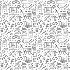 a black and white background with different types of web development icons on it, including laptops