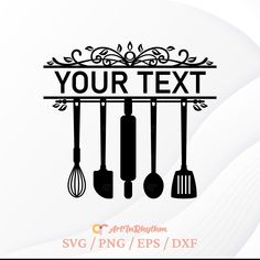 the silhouettes of kitchen utensils hang from a metal rack that says your text