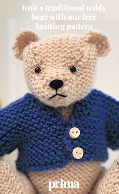 a knitted teddy bear wearing a blue sweater and buttoned pants with the words knitting on it