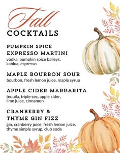 the fall cocktail menu is shown with pumpkins and leaves in watercolor on white paper