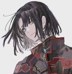 an anime character with long black hair wearing armor