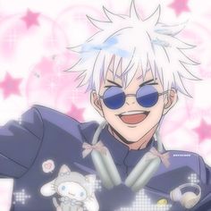 an anime character wearing sunglasses and holding a stuffed animal in front of his face with stars on the background