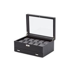 Rule over your collection with authority with a timeless Viceroy 10-piece watch box with storage. A modern classic that exudes an understated elegance, the Viceroy includes a smooth pebble exterior, silver textured silk lining, locking glass cover. COLOR: BLACK SIZE: 5.25" L X 6" W X 5.75" H FEATURES Patented Innovation - Every WOLF winder counts the precise number of rotations. All other winders estimate the number of rotations. Lock-in dynamic cuff: Patented lock-in dynamic cuff ‘locks’ your t Classic Rectangular Case Watches For Formal Occasions, Classic Formal Watches With Rectangular Case, Classic Formal Watch With Rectangular Case, Modern Rectangular Watch Accessories For Formal Occasions, Modern Rectangular Watch Case For Formal Occasions, Modern Rectangular Case Watch Accessories For Formal Occasions, Modern Rectangular Case Watch Accessories For Formal Events, Classic Formal Box Watch Accessories, Modern Formal Watch With Rectangular Case