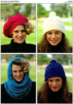 Pattern no. 9446 Womens hats winter booble hat beret snood cowl beanie hat double knitting DK pattern, One size, Instant download, vintage knit pattern PDF PLEASE NOTE: THIS IS A DIGITAL DOWNLOAD and is not a hard copy of the original pattern or a finished item, it is a scanned copy of the original pattern in PDF format and is downloadable and printable by yourself. Please take a look at the measurements picture above for information on sizes, materials used, needle size etc.  This pattern is in UK terms. PLEASE NOTE: PATTERNS ARE IN PDF FORMAT AND WILL REQUIRE ADOBE READER ON YOUR COMPUTER TO DOWNLOAD PATTERN. Adobe reader is available as a free download from www.adobe.com/uk/products/reader.html DOWNLOADING A DIGITAL FILE: For Etsy account holders If you have an Etsy account, after your Beret Knitting Pattern, Sirdar Knitting Patterns, Socks Knitting, Ladies Hats, Womens Hats, Chunky Knitting Patterns, Hat Beret, Sock Knitting Patterns, Vintage Knitting Patterns