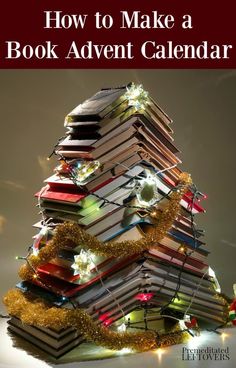 a christmas tree made out of books with the words how to make a book advent calendar