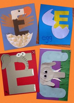 three different paper crafts with animals and letters on them, one is for the letter e