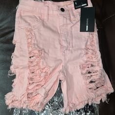 Nwt Fashionnova Distressed Bermuda Shorts In Pink. Unique In Style Shorts Rose Embroidered Jeans, Distressed Bermuda Shorts, Fashion Nova Shorts, Casual Denim Shorts, Mark 4, White Jean Shorts, Ripped Denim Shorts, Style Shorts, Shorts Denim