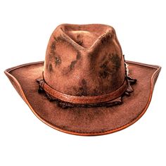 Description -Felt Wool Material -Brim 3 1/2" -Crown 4 3/4" -Cowhide Leather Hat Band -Leather Accents -Hand Distressed Finish The Duke Brown is the hat I'd choose if I were to fight a grizzly bear. This felt cowboy hat is hand distressed to give it a rugged textured look that you just can't find with other competitors. This hat looks and feels like a valuable heirloom while having the quality to last as long as any family heirloom. With a rugged pioneer look like this even Davy Crockett would en