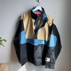 Nwt Originally $180 From Pacsun Tan Blue & Black Color Block Design Front Kangaroo Pouch Pocket 1/2 Zip & Velcro Closure With High Collar Neckline Casual Patchwork Track Jacket For Outdoor, Navy Casual Half-zip Outerwear, Casual Brown Half-zip Outerwear, Beige Half-zip Casual Outerwear, Casual Beige Half-zip Outerwear, Blue Black Color, Color Block Design, Kangaroo Pouch, Block Design