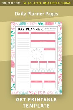 the printable daily planner page is shown in pink and green flowers on a beige background