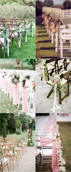 the wedding ceremony is decorated with pink and white flowers, greenery and wooden chairs