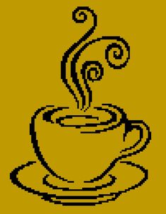 a black and white drawing of a coffee cup with steam coming out of the top