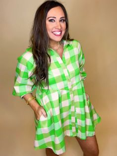 Plaid collared button up 3.4 sleeve mini dress featuring pockets at side. Unlined. Woven. Final Sale Mini Shirt Dress With Pockets For Daywear, Spring Green Mini Dress With 3/4 Sleeves, Spring Shirt Dress With Collared Neckline And Pockets, Collared Mini Dress With Pockets For Daywear, Spring Button-up Mini Dress For Daywear, Mini Shirt Dress With Pockets For Day Out, Button-up Mini Dress With Pockets For Daywear, Collared Mini Dress With Button Closure For Daywear, Spring Day Out Collared Dress