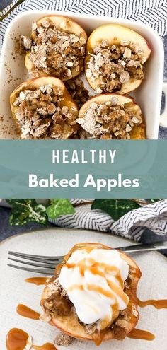 healthy baked apples with caramel drizzled on top