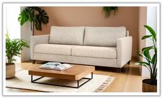 a living room with a couch, coffee table and potted plants on the floor