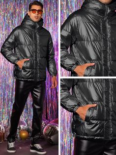 Experience warmth and style with our Men's Black Metallic Long Sleeve Hooded Puffer Coat. This sleek and practical coat features a hood and long sleeves to protect from the elements. The metallic sheen adds a touch of sophistication, making it perfect for any occasion. Stay cozy and fashionable this winter. 100% Polyester Metallic Outerwear For Winter Streetwear, Metallic Winter Outerwear For Streetwear, Metallic Winter Streetwear Outerwear, Metallic Long Sleeve Winter Outerwear, Metallic Hooded Winter Outerwear, Shirt Jacket Men, Mens Jackets Casual, Mens Sleepwear, Mens Flannel