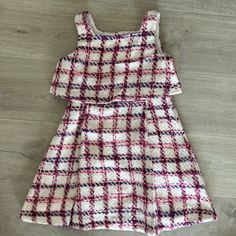 Never Worn Cute Plaid Sleeveless Dress, Cute Sleeveless Plaid Dress, Pink Sleeveless Tweed Dress For Summer, Casual White Sleeveless Tweed Dress, White Sleeveless Casual Tweed Dress, White Sleeveless Tweed Dress Casual, Pink Tweed, Janie And Jack, Kids' Dresses