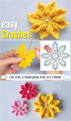 crochet flowers are shown with instructions to make them