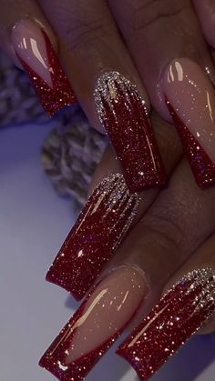 Red Acrylic Inspo Nails, Pretty Red Acrylic Nails, Jelly Winter Nails, Dark Red And Gold Nails Acrylic, Gold Red Nails Acrylic, Red Nails With Glitter Design, Xv Nails Red, Red Glitter Acrylics, Red Gold Nails Ideas