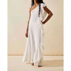 Free People New With Tags Elisa Slub Cotton Maxi Dress Ruffled One Shoulder Dress Styled With Delicate Details, The Eliza Maxi Dress From Free People Was Made For Any Occasion. Angelic Ruffles Lend Graceful Animation To A Variegated Slub-Jersey Maxi Dress Punctuated By A Dainty Drawstring Tie Under The Sleeve Pullover One-Shoulder Neck Single Cap Sleeve Sleeveless Unlined One Shoulder Styling Cascading Ruffle Detail At Side Midweight Slub Jersey Fabric Imported Ivory Sz S 53 1/2" Length (Size Me One-shoulder Cotton Dress With Ruffles, Chic Vacation Dresses With Crinkle Texture, Chic Crinkle Texture Dresses For Vacation, Chic Summer Maxi Dress With Crinkle Texture, Spring Summer Dress With Crinkle Texture, Chic Textured Summer Maxi Dress, One-shoulder Ruffled Maxi Dress For Beach, White Breezy Maxi Dress With Ruffles, White Bohemian Ruched Dress