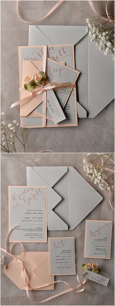 wedding stationery with pink and gray colors