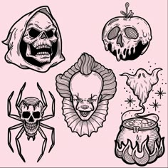 four different types of tattoos on pink paper with skulls and pumpkins in the background