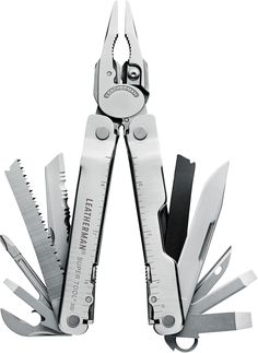 a pair of multi - function scissors with multiple blades on each side, open to show the handles