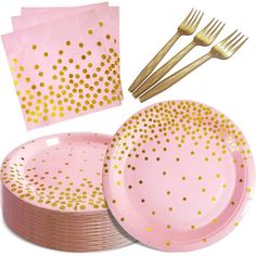 pink and gold polka dot paper plates with forks, napkins and utensils