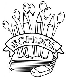 the back to school coloring page is filled with balloons, books, and pencils