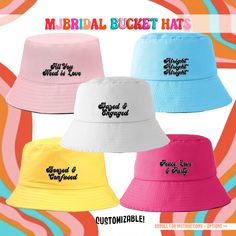 four different colored bucket hats with the words,'mr bridal bucket hat '