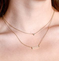 One of our favorite takes on the classic bar motif is our Open Bar Necklace. We love it solo or layered, long or short. We just love it. Sterling silver with gold, or rhodium finish Adjustable 16" - 17" - 18" length Bar is 3/4" x 3/16" | 19mm x 5mm Nickel free Comes in a signature pouch with box Remove electroplated jewelry when bathing, showering or swimming. Avoid direct contact with perfume, lotions or other chemicals. Wipe clean with a soft cloth only. Minimalist Layered Everyday Jewelry, Elegant Layering Necklace With Rectangular Pendant, Elegant Rectangular Pendant Necklaces For Layering, Elegant Rectangular Pendant Necklace For Layering, Elegant Gold Bar Necklace For Layering, 3 Petal Flower, Electroplated Jewelry, Classic Bar, Petal Flower