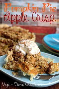 a piece of pumpkin pie apple crisp on a blue plate with a fork next to it